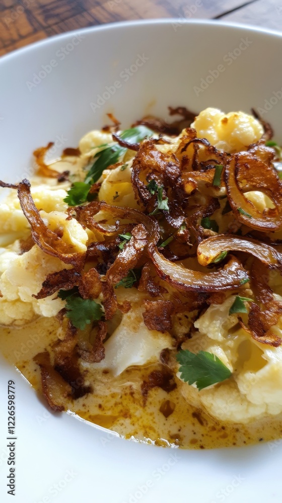 Spicy cauliflower curry with crispy onions in a white bowl Spicy cauliflower curry with crispy onions in a white bowl