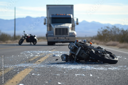 A truck jackknifed on a highway with a motorcycle wreck nearby