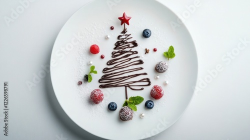 Elegant chocolate christmas tree dessert with berries and mint garnish on white plate