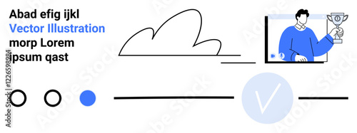 Person holding trophy, abstract cloud, circles, and lines. Ideal for achievement, success, celebration, team-building web design user interface and motivation themes. Landing page