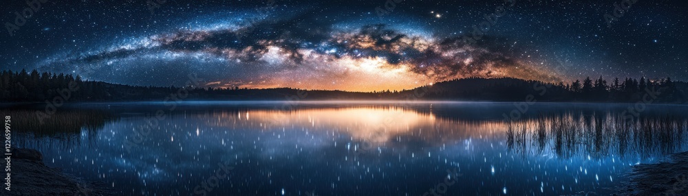 A breathtaking view of a starry night sky reflecting on a calm lake, surrounded by silhouettes of trees and illuminated by a vibrant sunrise.