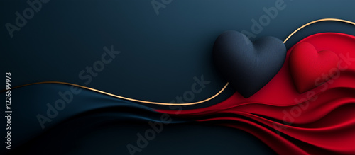 Dark blue and red hearts with gold accents, abstract romantic design, with copy space