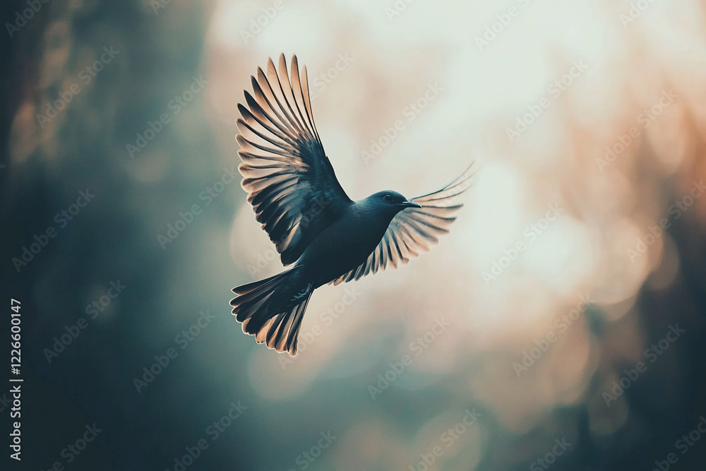 A graceful bird in mid-flight against a blurred, ethereal forest background, capturing freedom A graceful bird in mid-flight against a blurred, ethereal forest background, capturing freedom