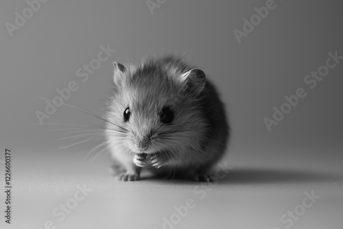 A close-up of a small, furry rodent in grayscale, curiously exploring its surroundings on a smooth surface photo