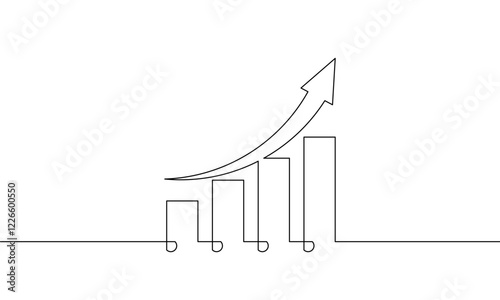 Continuous line drawing of increasing arrow up sign symbol. Single line art of bar chart. Illustration vector of graph. Flat icon of business growth. Object one line 
