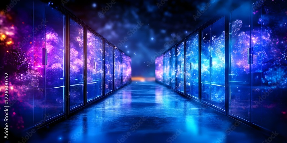 A futuristic data center with glowing server racks and a vibrant, otherworldly atmosphere. Concept Futuristic Data Center, Glowing Server Racks, Otherworldly Atmosphere, High-Tech Environment
