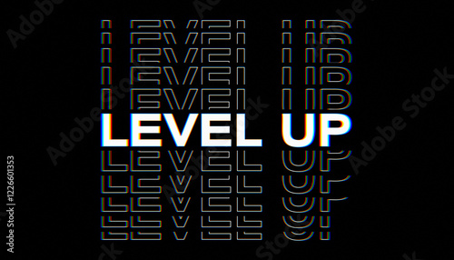 Illustation of level up title in white on a black background - Suitable for gaming.