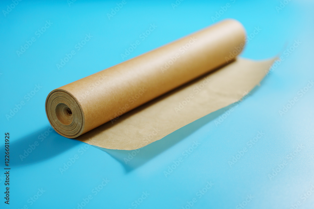 A roll of baking paper on a blue background. tools for baking at home. A roll of baking paper on a blue background. tools for baking at home.