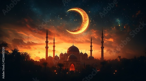 Crescent Moon Over Mosque with Minarets Against Vivid Sunset Sky

