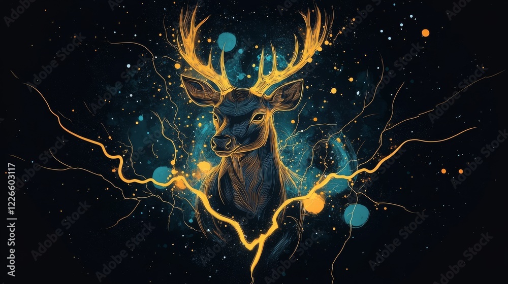 Naklejka premium Majestic deer surrounded by electric energy forest digital art night creative concept
