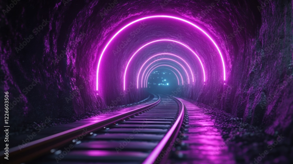 Pink neon tunnel, train tracks, rock walls, futuristic background, game asset Pink neon tunnel, train tracks, rock walls, futuristic background, game asset