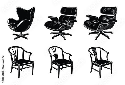 A Bundle Of Black Chair Silhouette On White Background. Black Seat Silhouette Without Background. Black Seat. Bundle Of Seats. Ai Generated.
