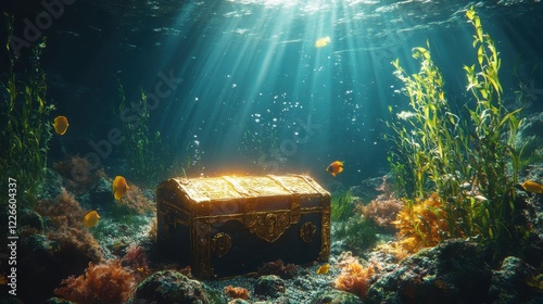 A sunken treasure chest glimmers beneath the ocean, surrounded by vibrant marine life and colorful coral, illuminated by beams of sunlight. photo