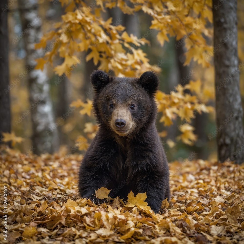A baby bear cub playing in falling autumn leaves. A baby bear cub playing in falling autumn leaves.