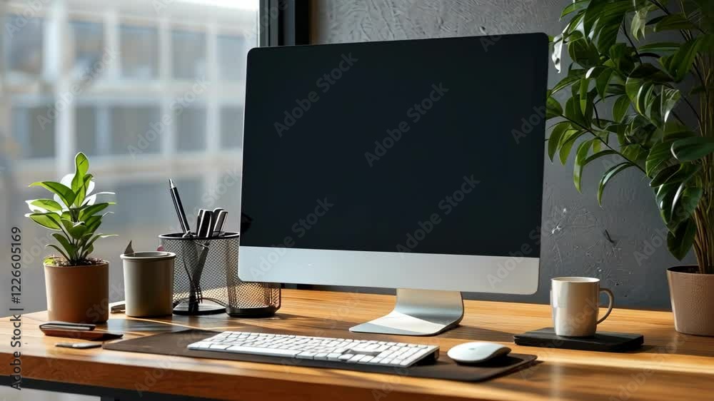 A modern workspace with a computer and green plants
