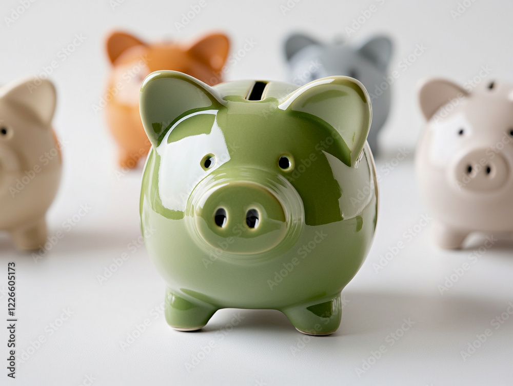 Fototapeta premium Decorative piggy banks arranged on a neutral background