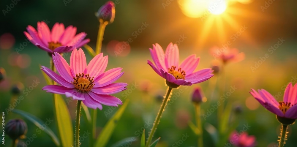 Vibrant wildflowers, dew-kissed petals, sunrise, rural, blooming, macro Vibrant wildflowers, dew-kissed petals, sunrise, rural, blooming, macro
