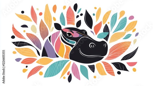 Colorful hippo illustration surrounded by leaves digital art bright and playful style photo