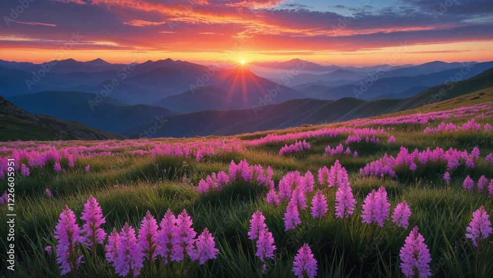 Obraz premium Mountain Meadow at Sunrise with Vibrant Wildflowers
