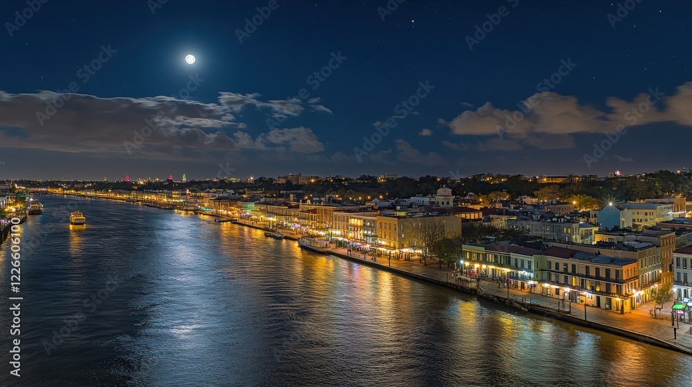 Scenic Night View of River with Illuminated Buildings and Full Moon Scenic Night View of River with Illuminated Buildings and Full Moon
