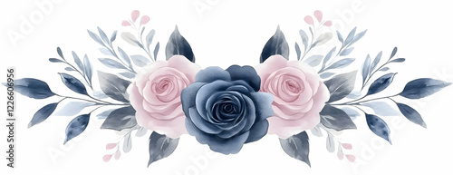 Blue, pink roses, leaves, white, floral design