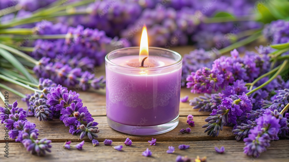 Lit lavender candle surrounded by fresh flowers Lit lavender candle surrounded by fresh flowers