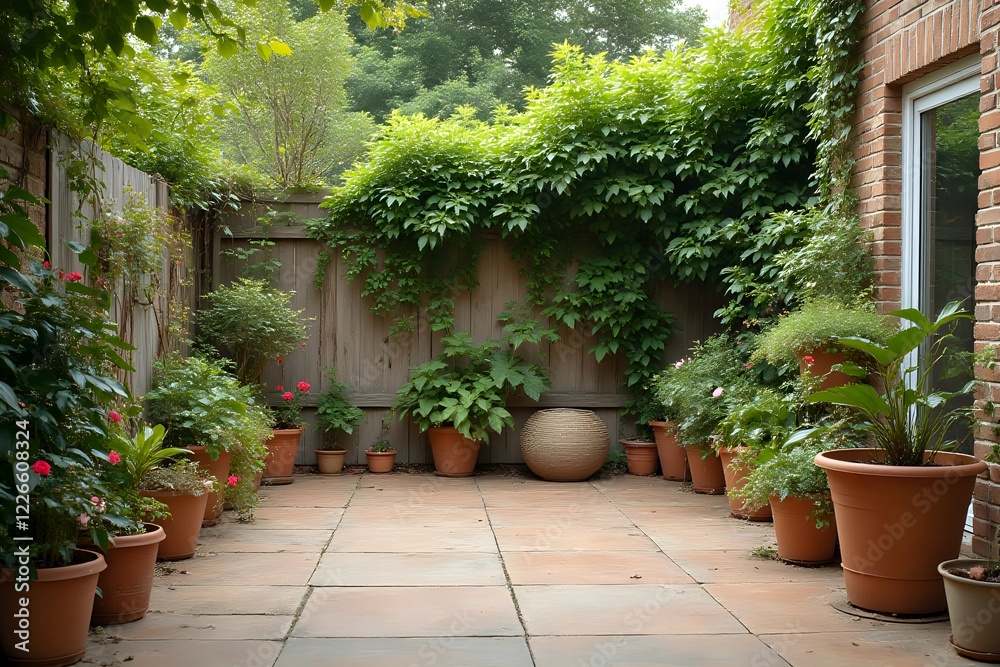 Fototapeta premium Small backyard tiled terrace of a coutryside house with flower pots and some greenery behide the fence with copy space