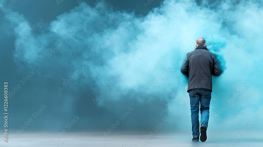 Man walking through blue smoke in urban environment capturing emotion and mystery artistic photography Man walking through blue smoke in urban environment capturing emotion and mystery artistic photography