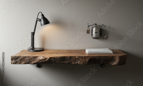 Wall-mounted, floating desk made from reclaimed wood, with a sleek, adjustable task lamp and a few neatly arranged office supplies. photo