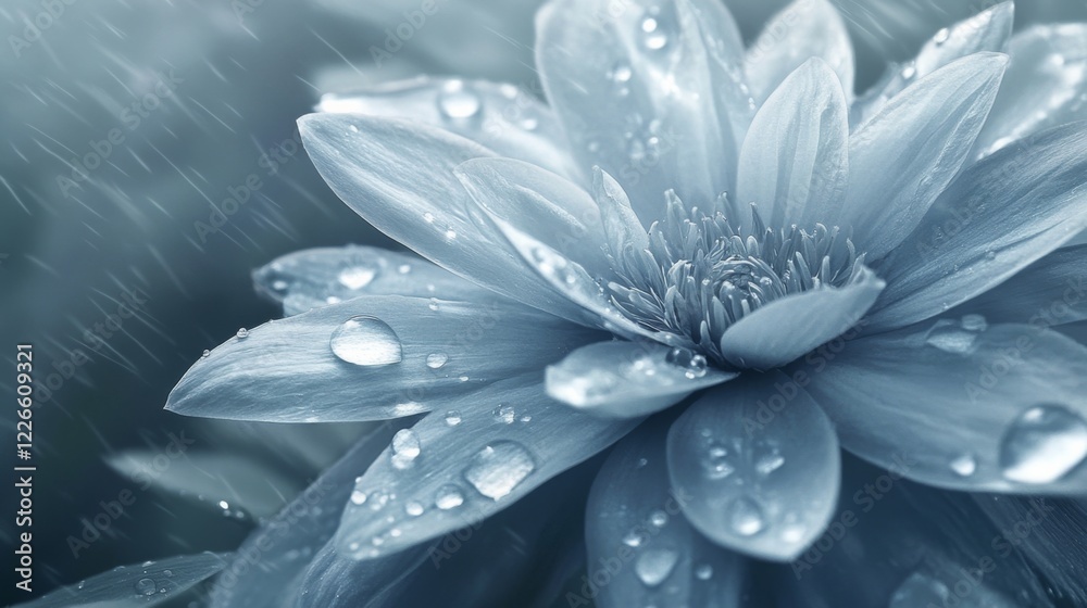 Obraz premium A close-up of a flower with clear water droplets gently resting on its petals, creating a serene, tranquil mood in nature.