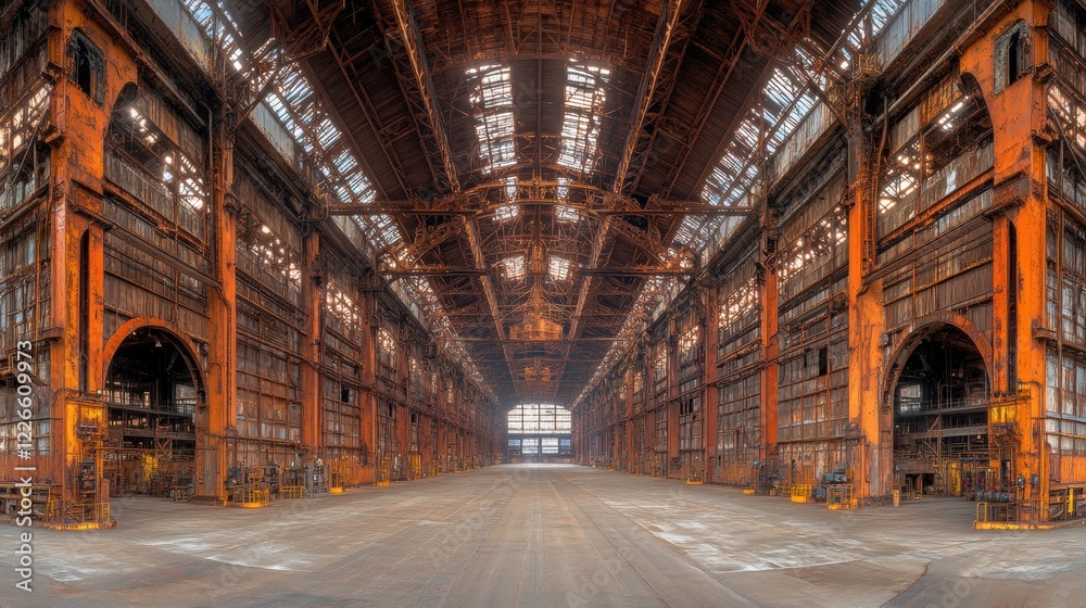 Fototapeta premium Vast Abandoned Warehouse with Rusty Beams and Faded Glory