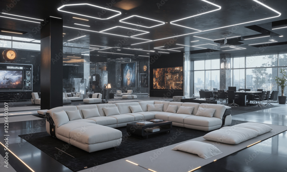 Naklejka premium Futuristic living room in silver gray, with interactive walls that display artwork or entertainment options on demand. The furniture includes