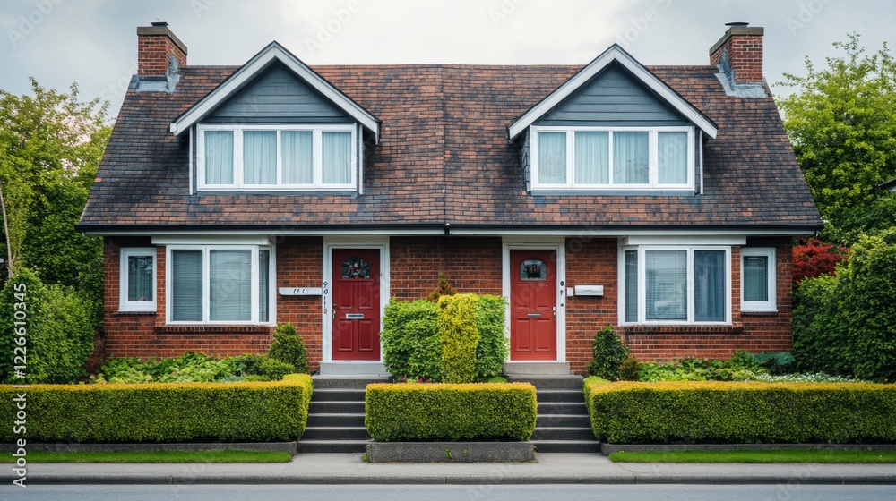 A close-up of a twin house exterior, highlighting identical front doors, windows, and neatly trimmed hedges. A close-up of a twin house exterior, highlighting identical front doors, windows, and neatly trimmed hedges.