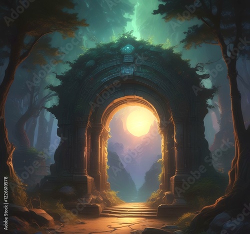 Illustration of glowing portal in new dimension.