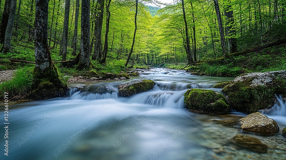 Fototapeta premium A tranquil river flowing through a forest representing serenity, with gentle currents and soft light, inviting peace and mindfulness