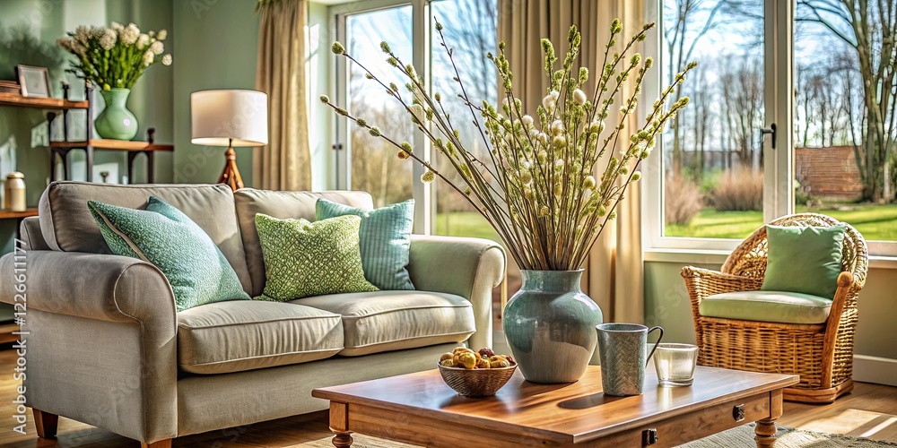 Obraz premium Serene Living Room Interior: Sofa, Armchair & Willow Branch Vase