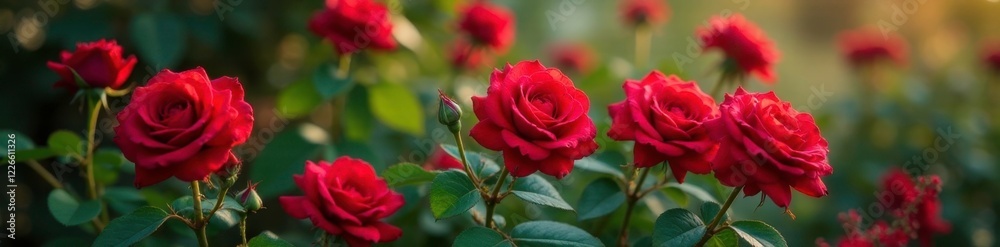 Red rose bush with full blooming flowers and leaves, blooming flowers, roses, foliage Red rose bush with full blooming flowers and leaves, blooming flowers, roses, foliage