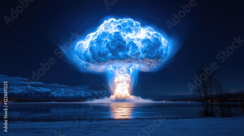 Nighttime nuclear explosion over frozen lake, mountains background; apocalyptic concept art