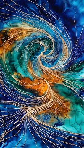 A swirling, abstract design flows with vibrant blue, orange, and teal colors, creating a sense of dynamic movement. Intricate lines and patterns intertwine, resembling a fluid, organic form 