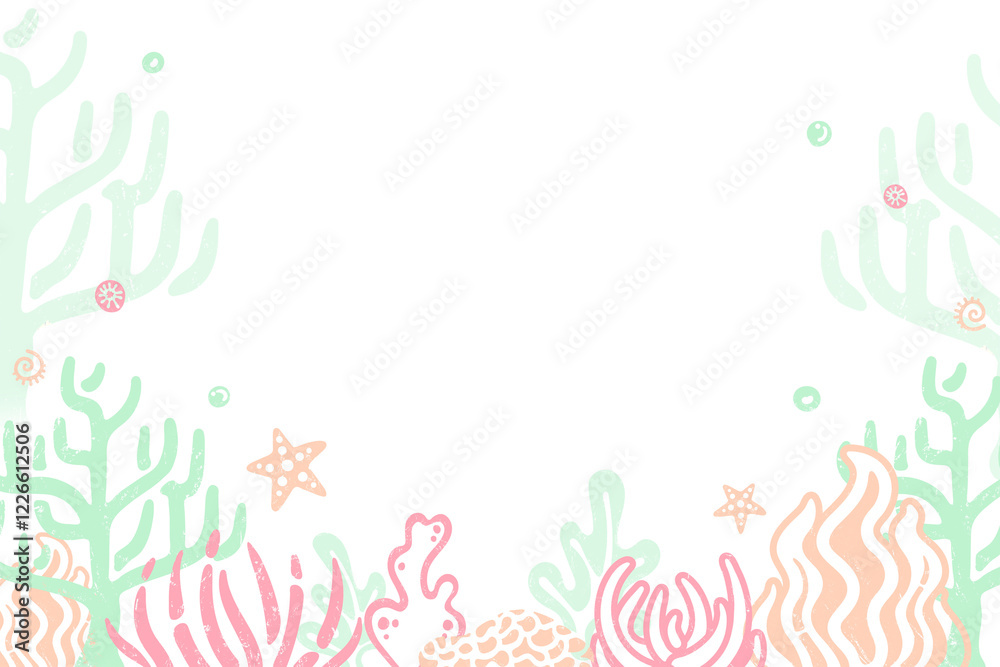 Coral reef png border transparent background, underwater marine life design in pastel colors Coral reef png border transparent background, underwater marine life design in pastel colors