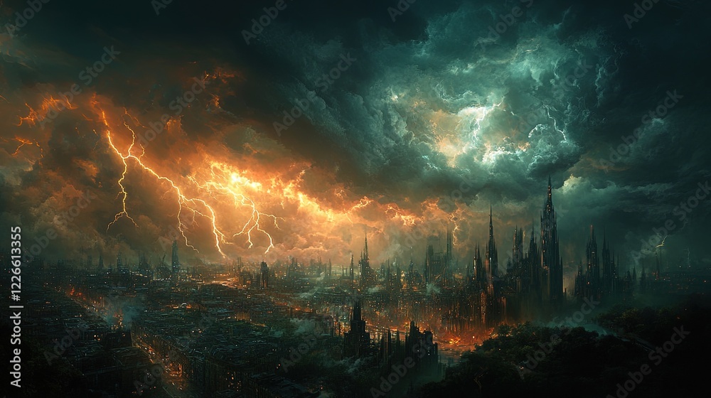 Fototapeta premium A stormy sky over a cityscape symbolizing inner turmoil, with dark clouds and lightning, capturing the intensity of emotional struggle 