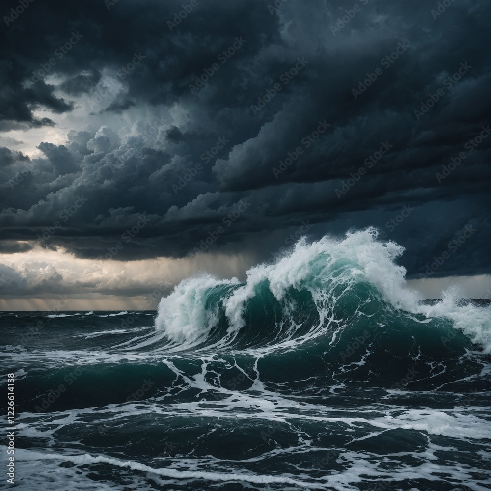 Obraz premium Dark storm clouds rolling in over a restless ocean, waves crashing wildly.below.