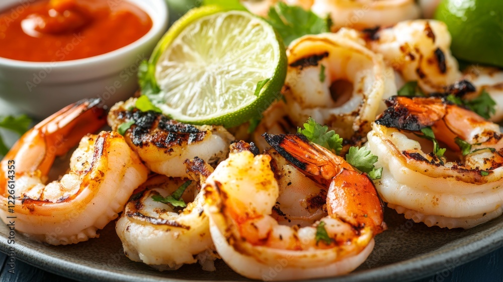 A delicious plate of grilled squid and shrimp, garnished with lime slices and fresh herbs, with a side of dipping sauces. A delicious plate of grilled squid and shrimp, garnished with lime slices and fresh herbs, with a side of dipping sauces.