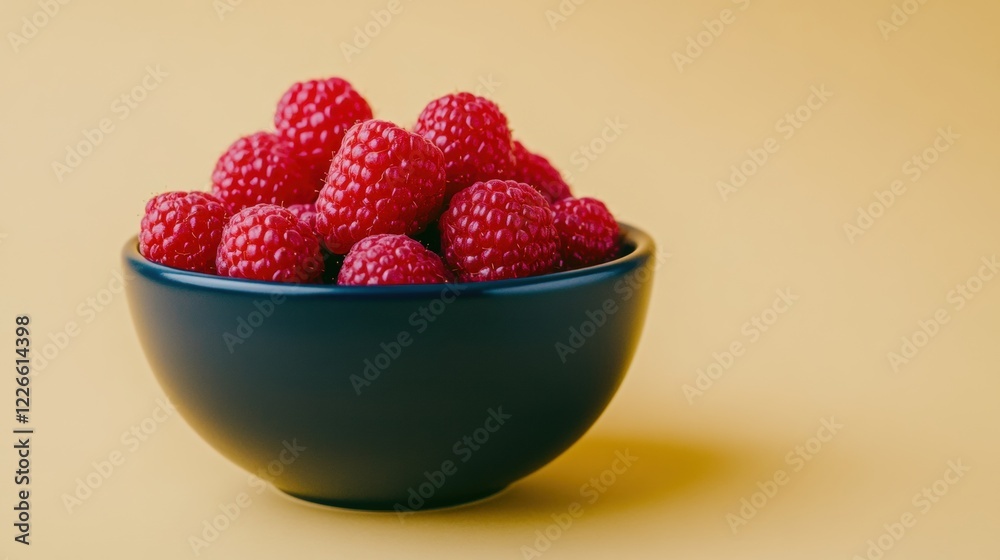 Fresh and Juicy Raspberries in a Dark Bowl on Yellow Background Fresh and Juicy Raspberries in a Dark Bowl on Yellow Background