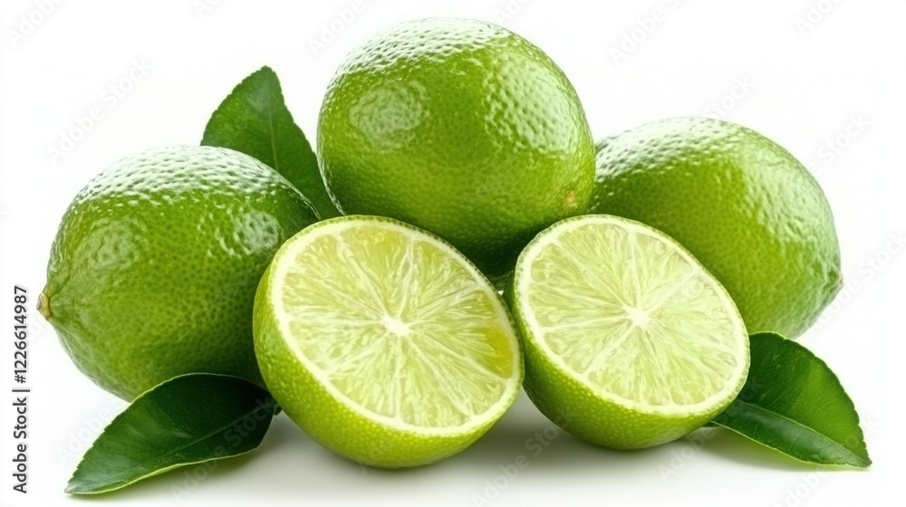 Fresh Limes with Green Skin and Slices on White Background Fresh Limes with Green Skin and Slices on White Background
