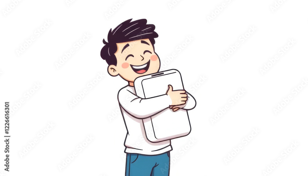 Cartoon boy is hugging a white box Cartoon boy is hugging a white box