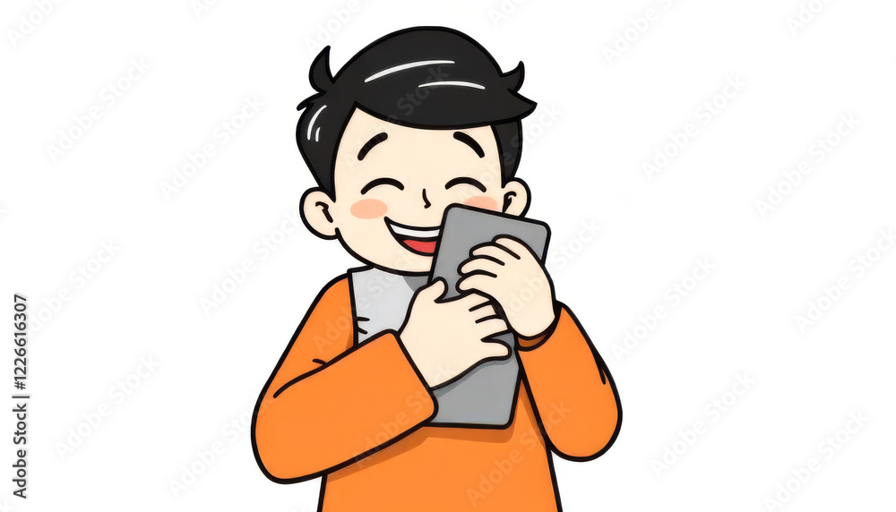 Cartoon boy is holding a tablet and smiling Cartoon boy is holding a tablet and smiling