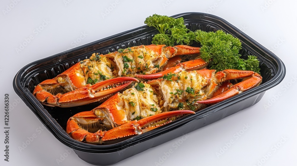 Freshly Cooked Crab Claws Garnished with Herbs in Black Tray Freshly Cooked Crab Claws Garnished with Herbs in Black Tray