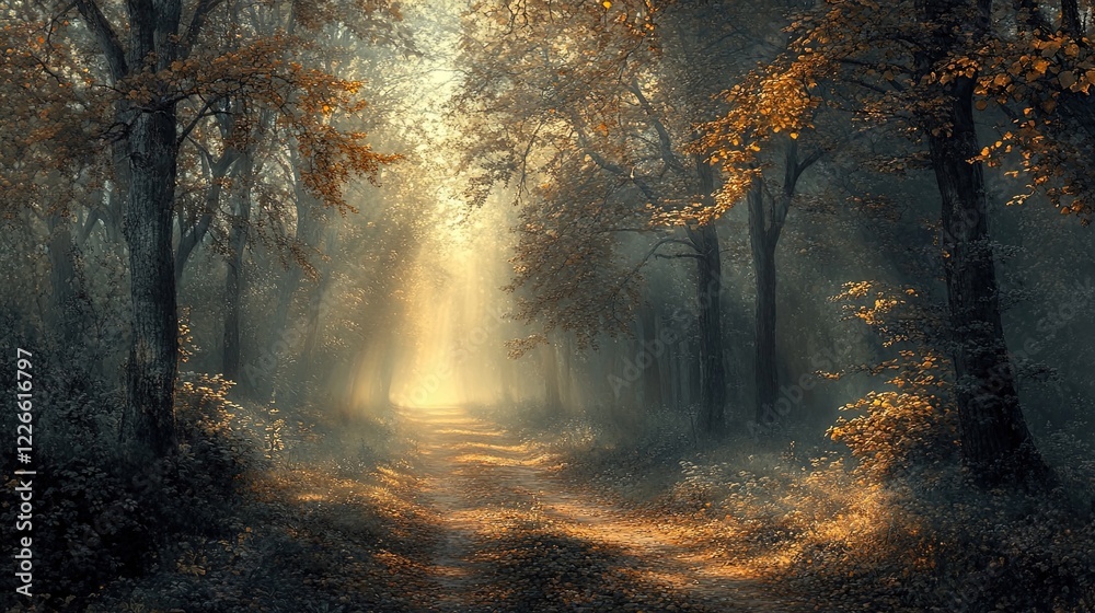 A mystical landscape with fog and shadows representing mystery, with hidden paths and enchanting light, evoking curiosity and intrigue A mystical landscape with fog and shadows representing mystery, with hidden paths and enchanting light, evoking curiosity and intrigue