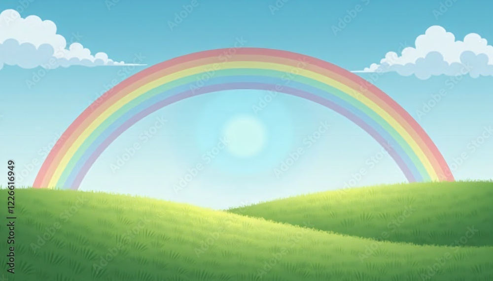 Colorful rainbow over green hills in a bright cartoon landscape. Colorful rainbow over green hills in a bright cartoon landscape.